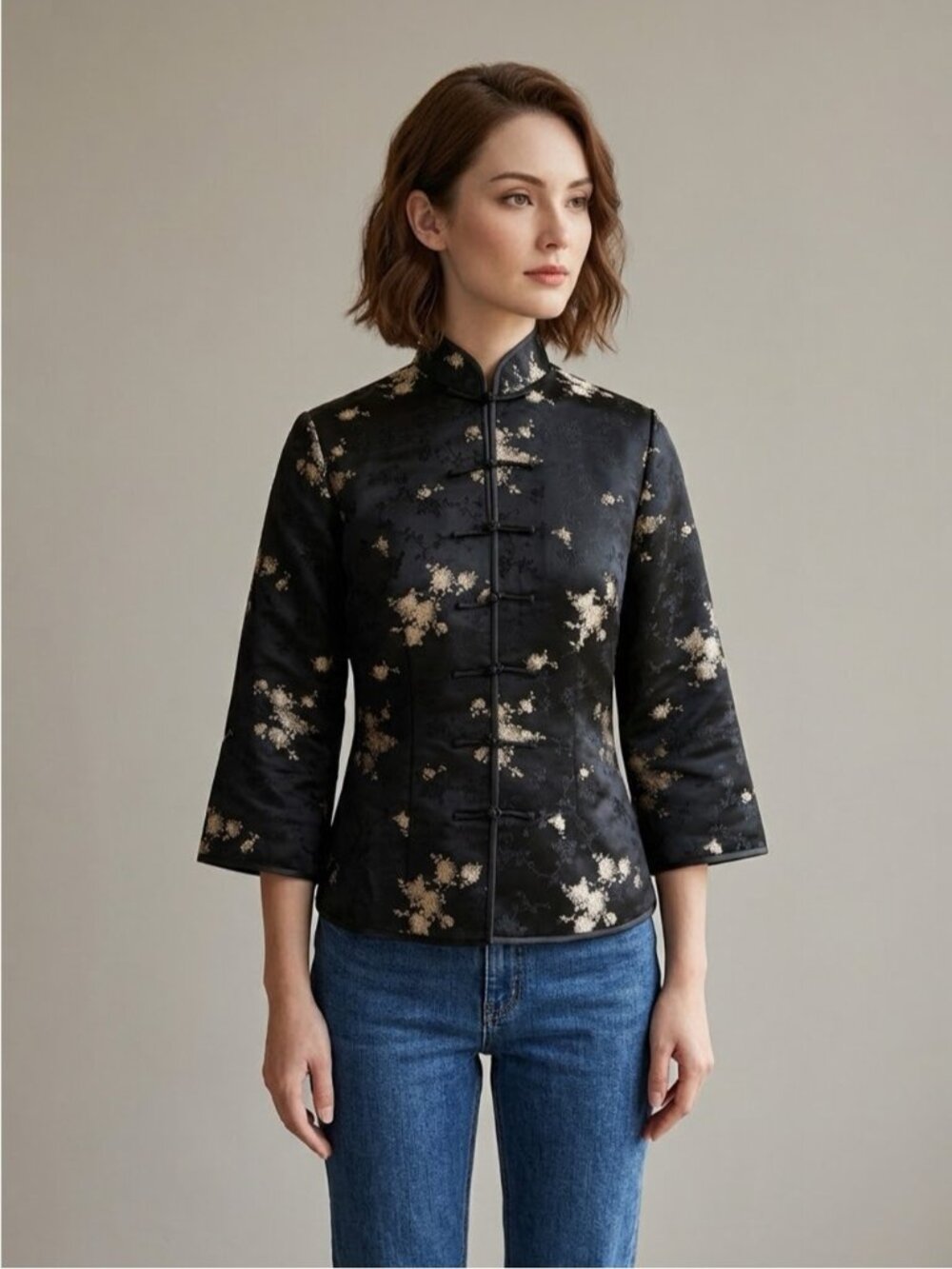 Vintage Chinese Black Satin Silk Blend Brocade Blouse - Small